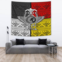 Chief-themed tapestry with geometric bands, feathered headdress, and multicolor arrow accents