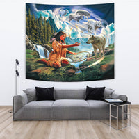 Native American tapestry with wolves and a seated woman, flowing robes and sky