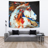 Multicolor horse tapestry with red mane accents and blue stripe markings
