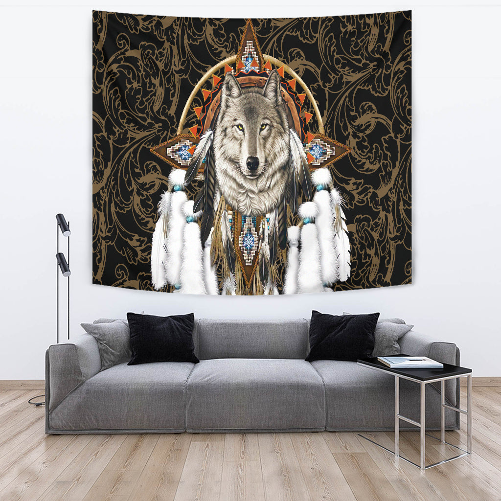 Dark gold wolf dreamcatcher tapestry, gray wolf with beaded center and white feather fringe