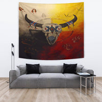Full bison medicine tapestry featuring bison skull center and surrounding multicolor patterned elements