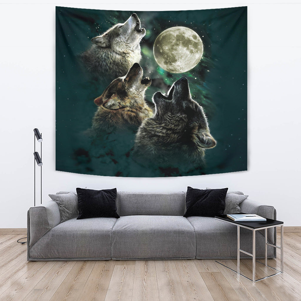 Howling wolves tapestry featuring a large full moon, gray and brown wolves in multicolor