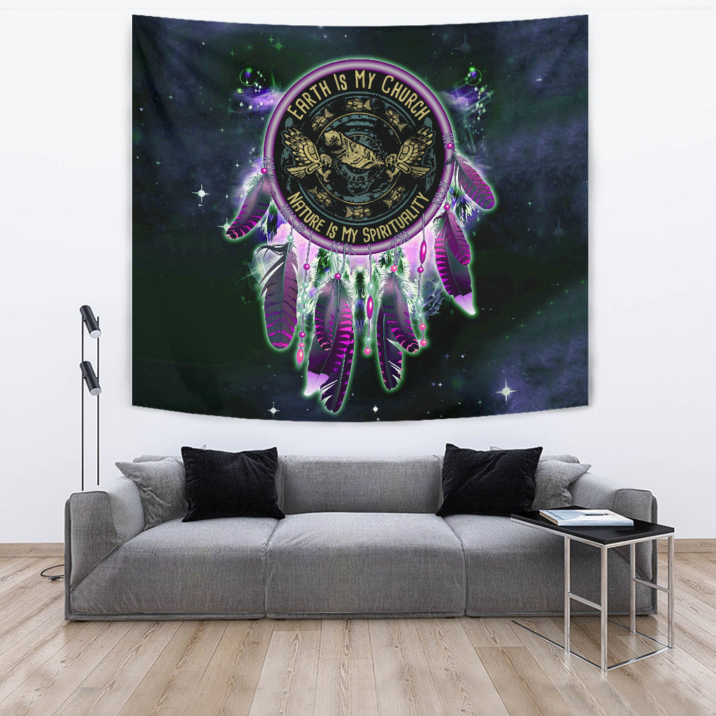 Eagle dream catcher tapestry with multicolor feather fringe, dark base, purple hoop
