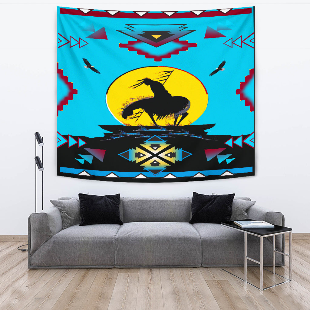 Blue Native American tapestry with black horse silhouette, yellow sun, and multicolor trim