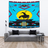 Blue Native American tapestry with black horse silhouette, yellow sun, and multicolor trim