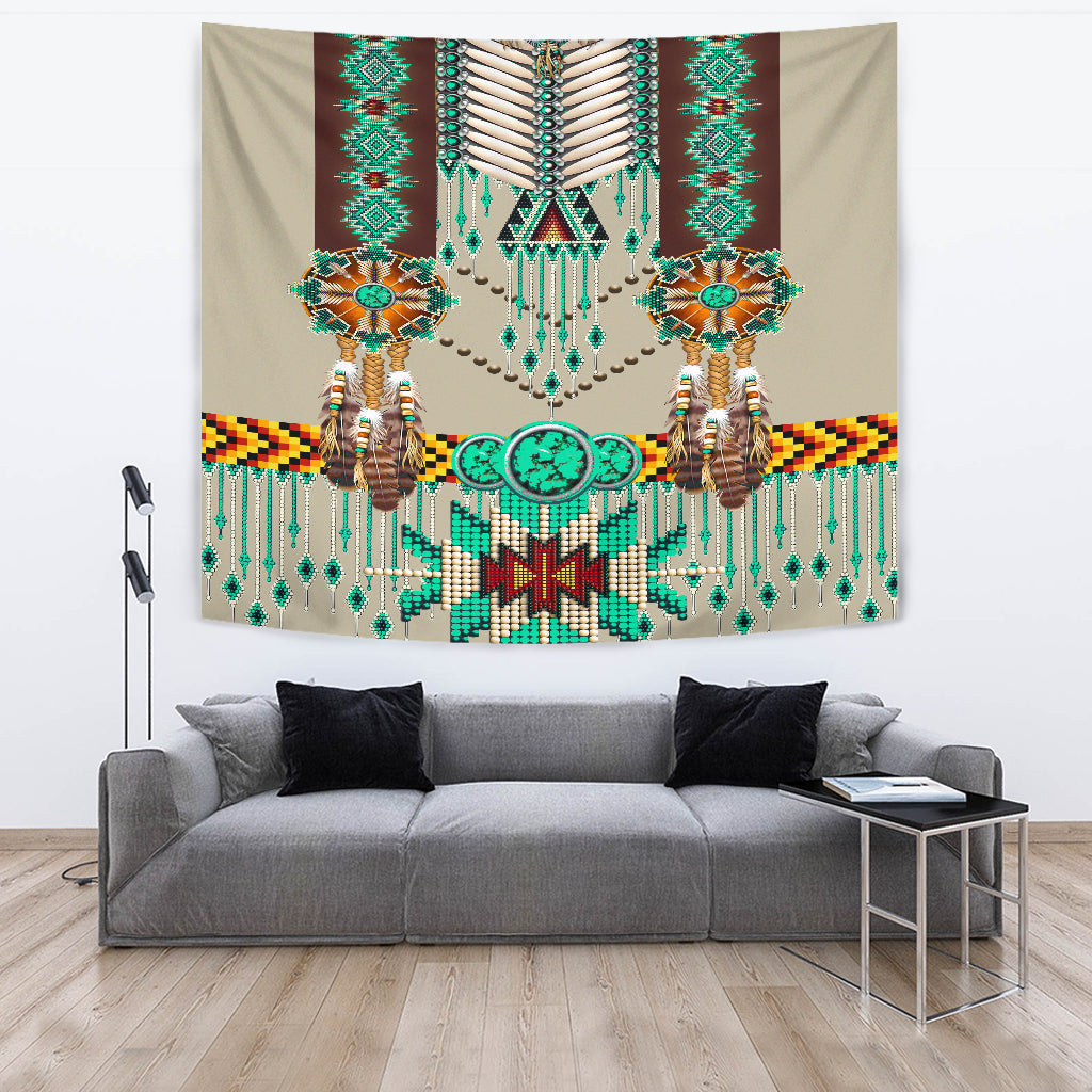 Native-style breastplate tapestry with turquoise heart panel, geometric bands, dangling beads