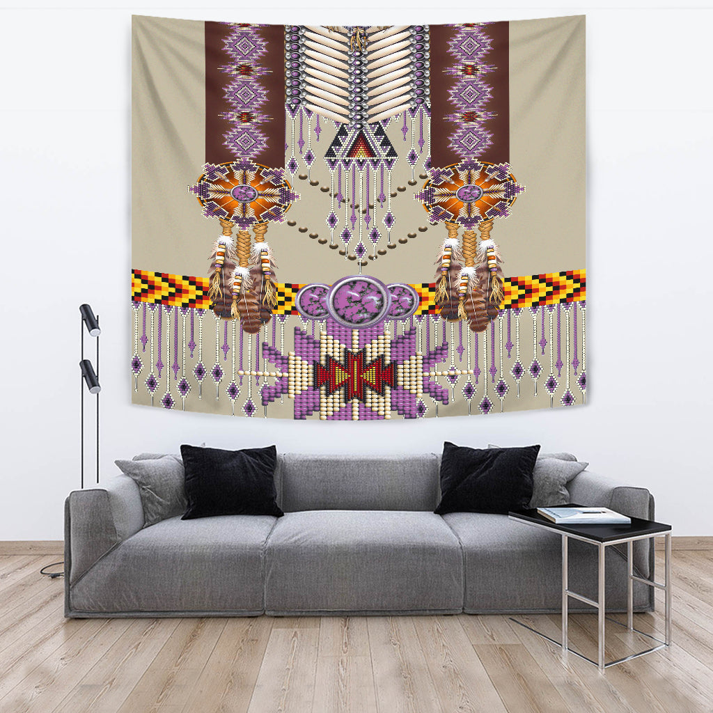 Purple and multicolor tapestry with chestplate pattern, circular center emblem, long bead drops