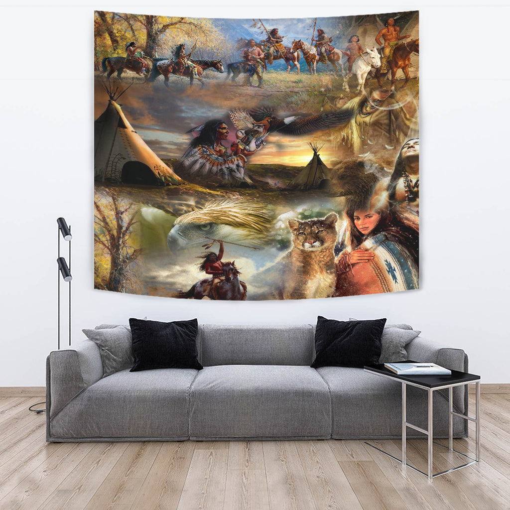 Colorful tapestry with a Native woman, tipi, and eagle-like bird in action