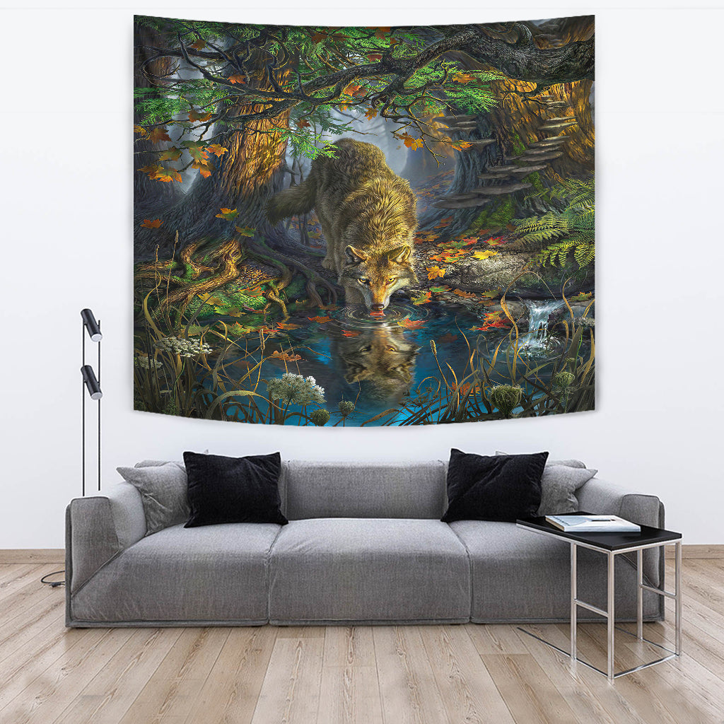 Forest wolf tapestry with two wolves, ferns, autumn leaves, and flowing water