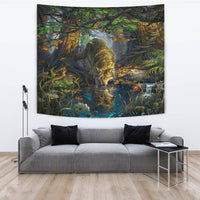Forest wolf tapestry with two wolves, ferns, autumn leaves, and flowing water