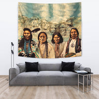 Native American tapestry with four foreground faces and detailed background figures, multicolor