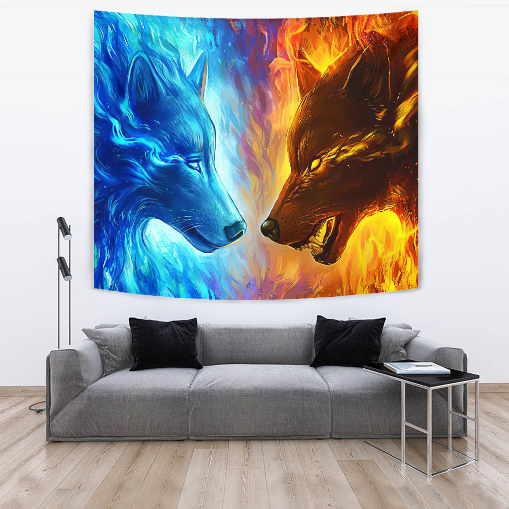 Icy blue and fiery orange wolf face tapestry with split-color flame textures