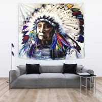 Chief tapestry close-up portrait with multicolor feather headdress and decorative accents