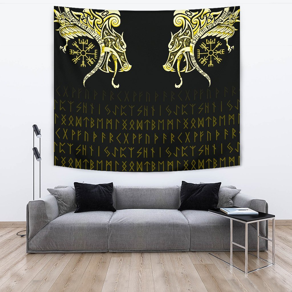 viking-tapestry-fenrir-raven-and-vegvisir-tattoo-yellow