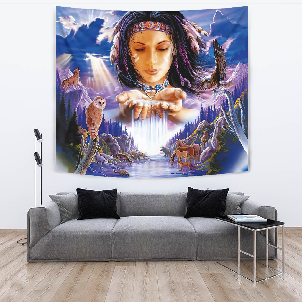 Native American girl tapestry fantasy landscape, multicolor: eagle, horses, wildlife