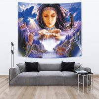 Native American girl tapestry fantasy landscape, multicolor: eagle, horses, wildlife