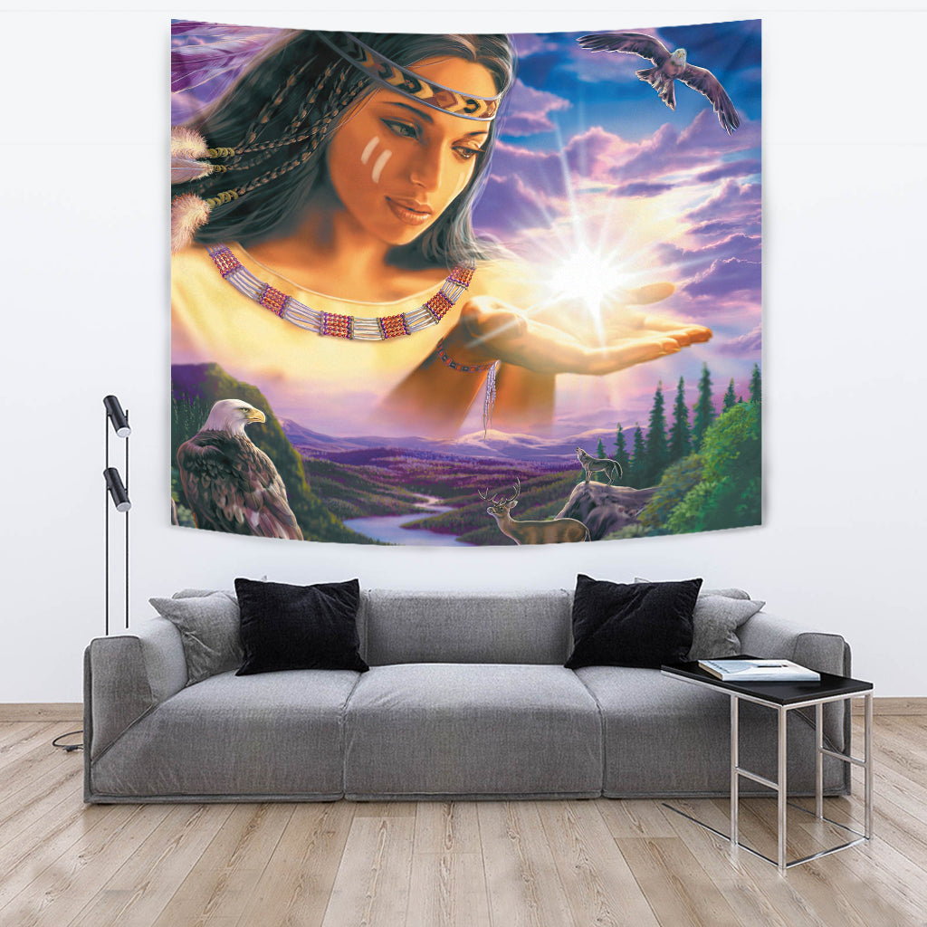 Native American girl tapestry showing woman reaching toward sun, with eagle and deer