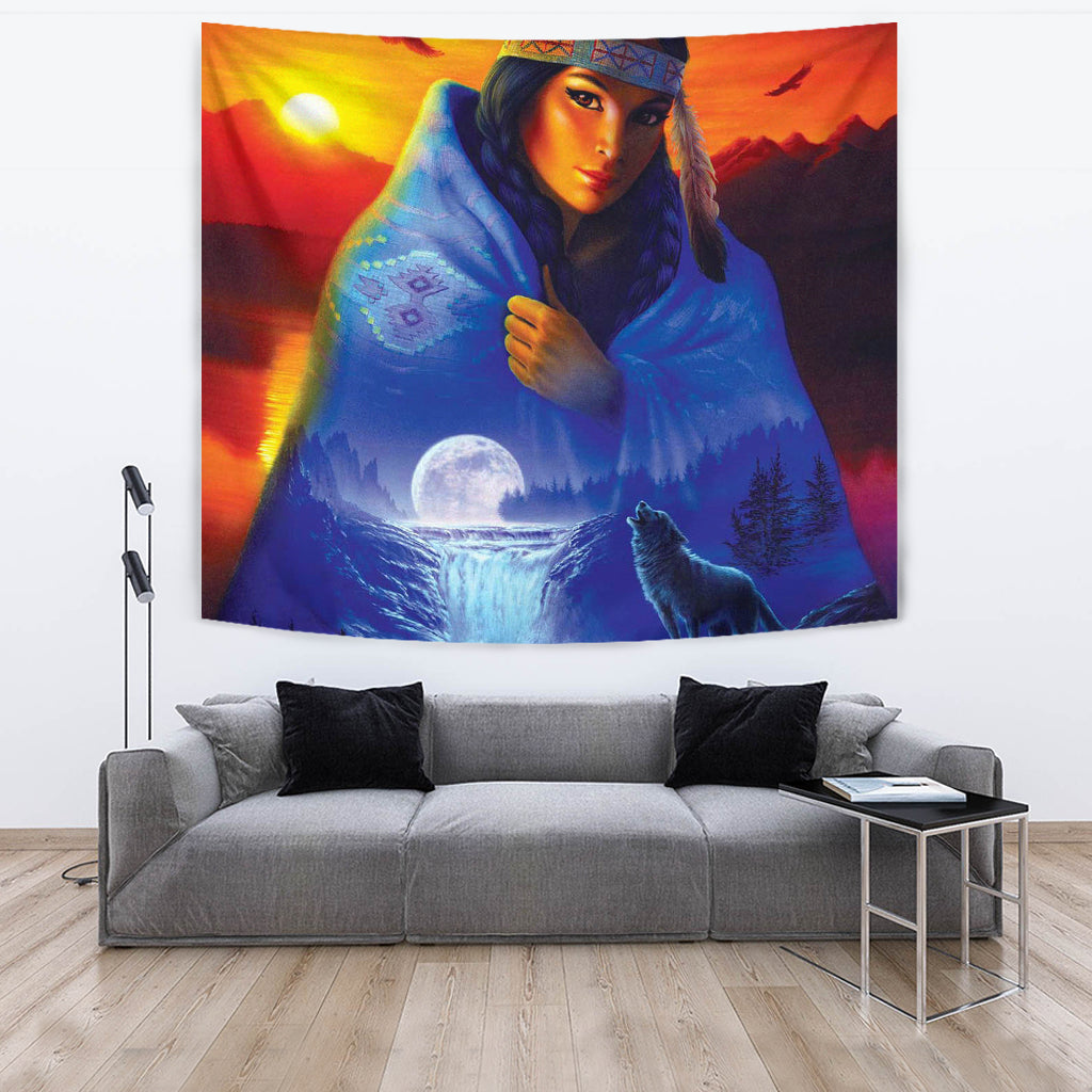 Tapestry close view of Native American girl in blue hooded shawl with colorful woven details