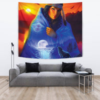 Tapestry close view of Native American girl in blue hooded shawl with colorful woven details