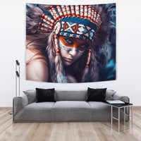 Native Girl Wandteppich, mehrfarbig: Gesicht mit bemaltem Muster und Federkopfschmuck