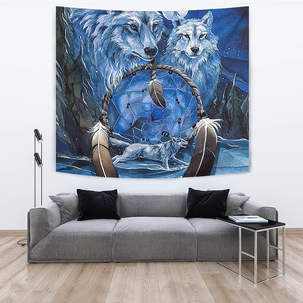Wolf dreamcatcher tapestry with two blue wolves, a round web ring, and feather details