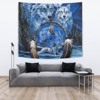 Wolf dreamcatcher tapestry with two blue wolves, a round web ring, and feather details