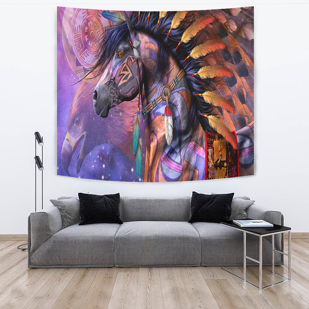 Native dreamcatcher tapestry featuring a blue-black horse with feather crown and hanging charms