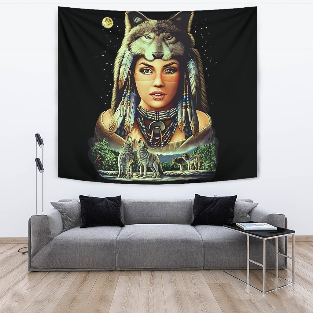 Multicolor tapestry with wolf head and woman portrait, surrounded by star-like specks