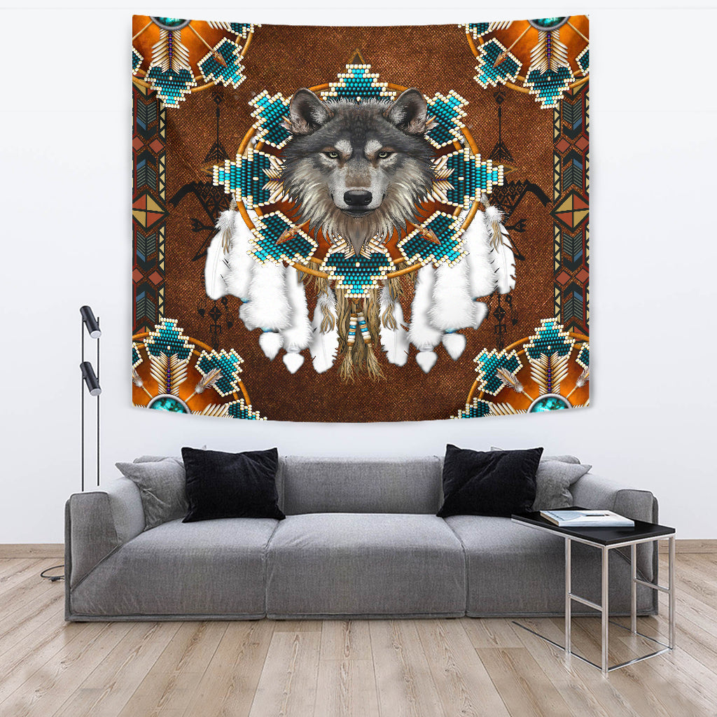 Gray wolf with teal beaded medallion tapestry, orange and turquoise geometric border