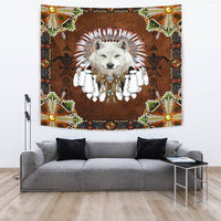 Native American-style wolf tapestry, white wolf head with beaded headdress feathers and fringe