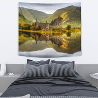 Kilchurn Castle tapestry with scenic mountains and calm lake reflection, white border