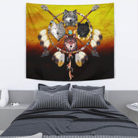 Colorful wolf pack tapestry featuring four wolves around a drum-like circular motif