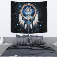 Galaxy wolf dreamcatcher tapestry with centered wolf and small wolf figure, feather fringe