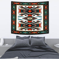 Tribal geometric tapestry with central starburst and multicolor border on black