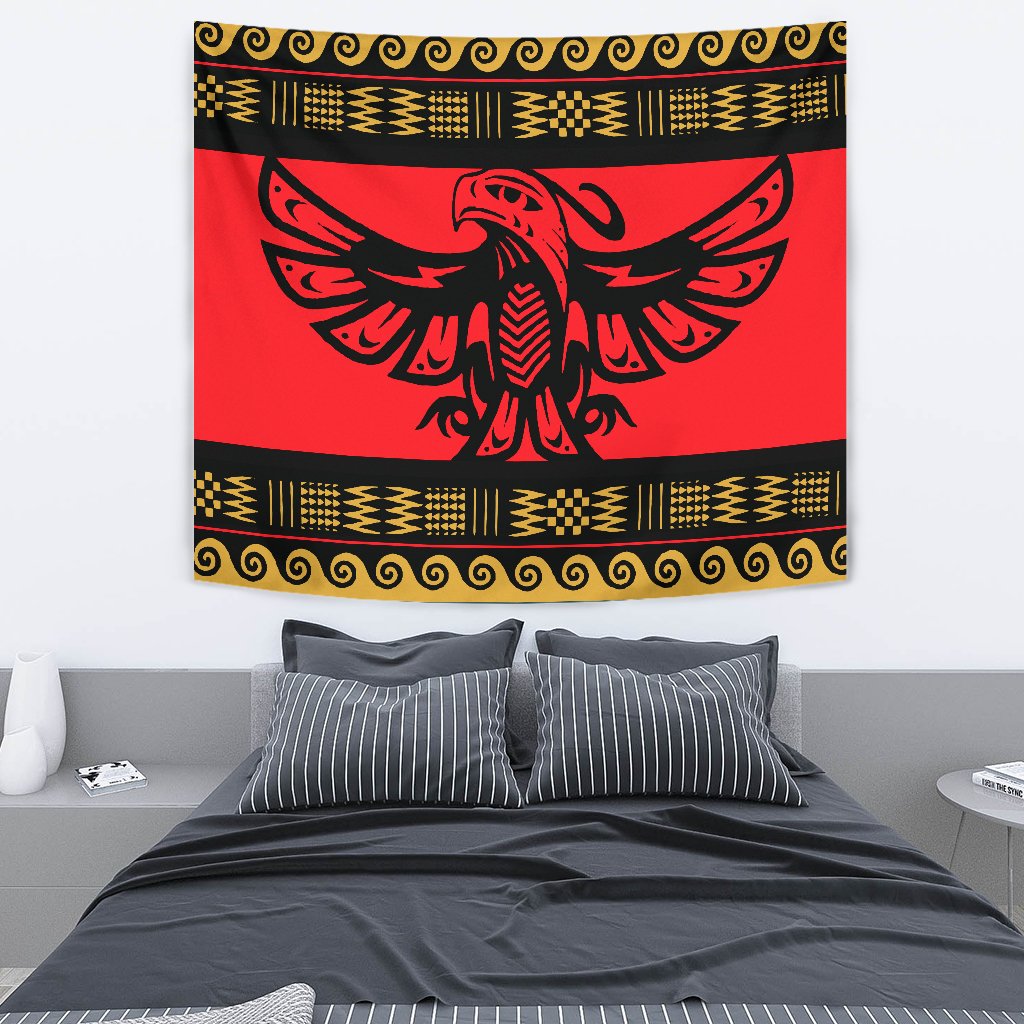 Red eagle tapestry with black outlines and gold geometric stripe border, wall hanging