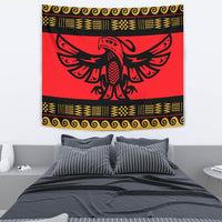 Red eagle tapestry with black outlines and gold geometric stripe border, wall hanging