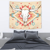 Cream tapestry with bison skull and long horns, red/teal tribal-style geometric blocks