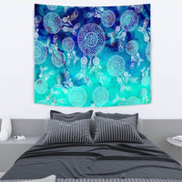 Watercolor dreamcatcher tapestry with large central circular web and teal feather motifs