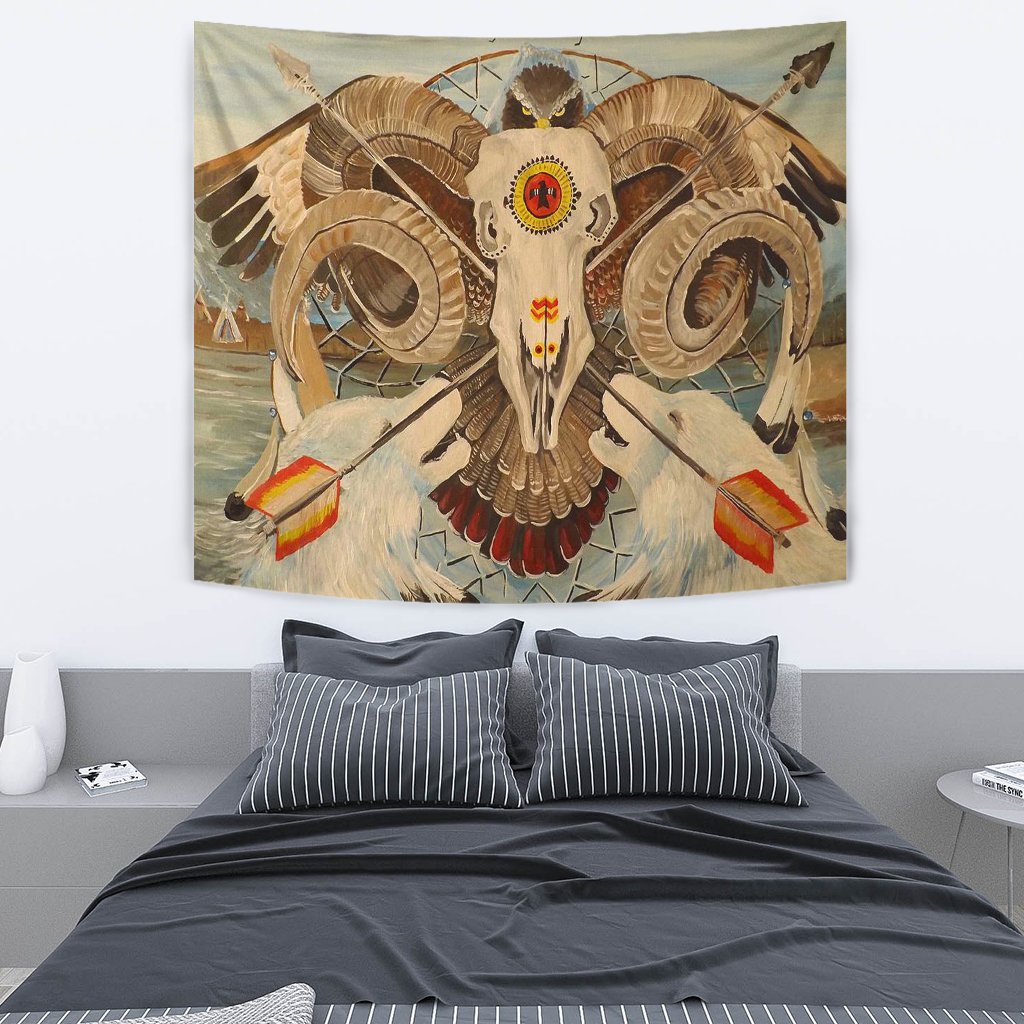 Full owl tapestry with curved wings, arrow motifs, tan and brown feather pattern