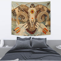 Full owl tapestry with curved wings, arrow motifs, tan and brown feather pattern