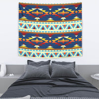 Multicolor geometric tapestry featuring central eagle-like shapes and border bands on blue
