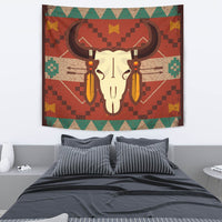 Bison head tapestry wall hanging in multicolor with dark horns and geometric teardrop shapes