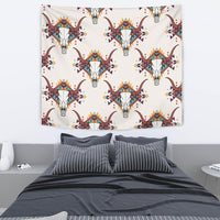 Bison skull tapestry featuring central skulls, multicolor accents, and repeating border triangles