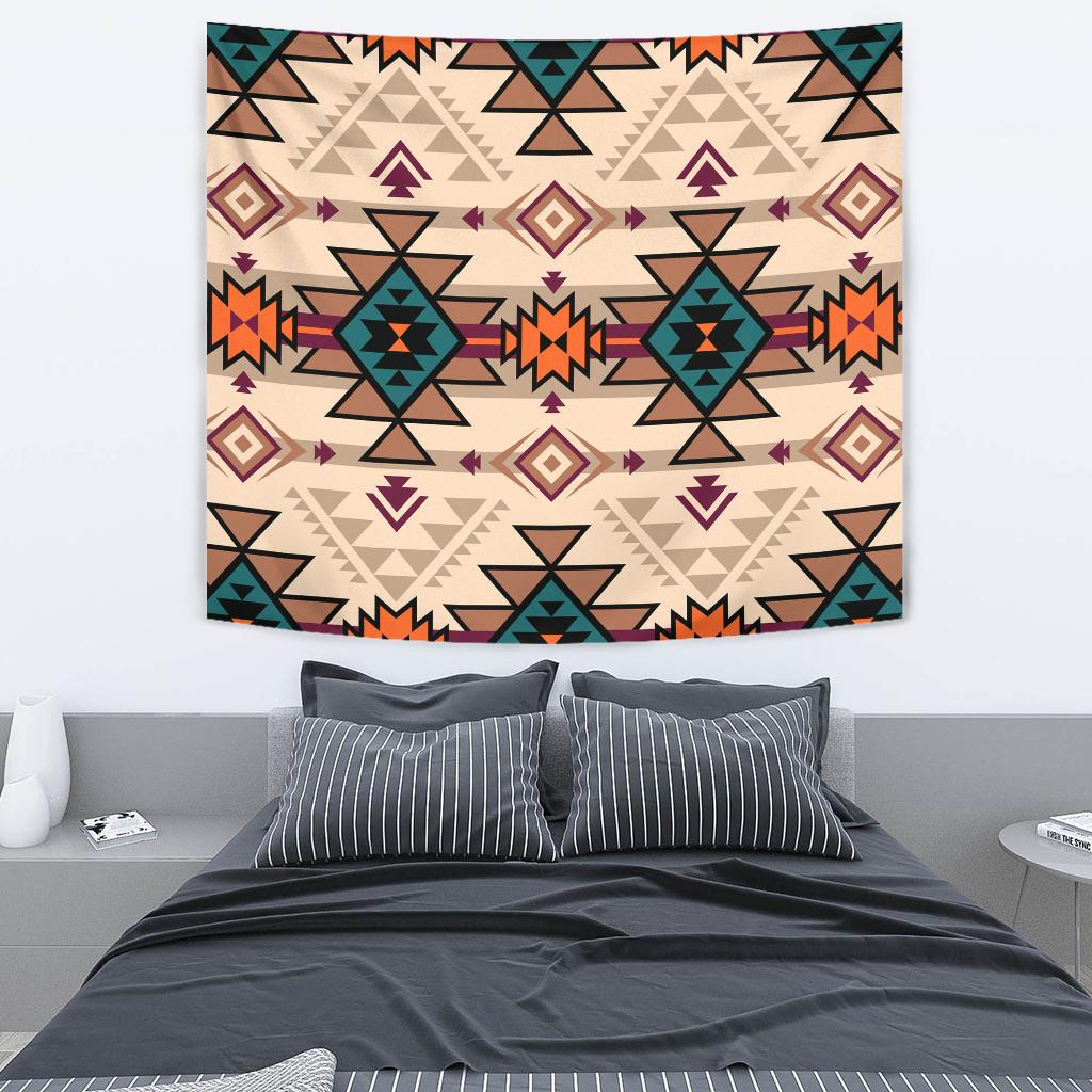 Tribal-pattern tapestry in cream with teal diamond shapes and orange zigzags, purple details