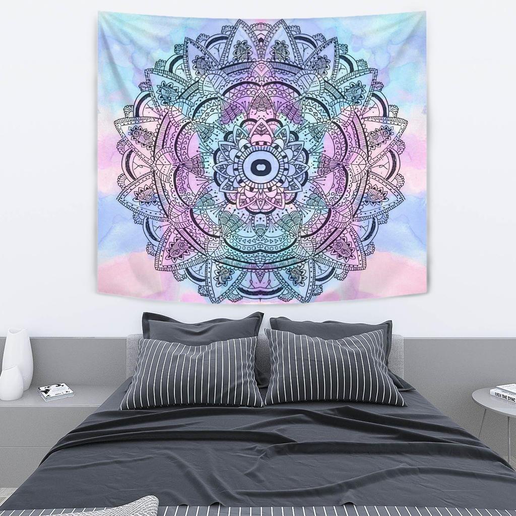 Mandala tapestry featuring ornate circular medallion with detailed linework in multicolor