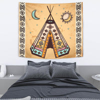 Beige teepee tapestry with moon and sun motifs and geometric black-and-white side trim