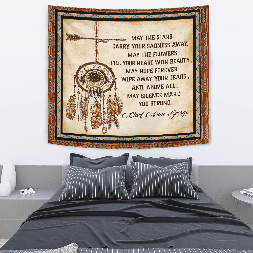 Native American tapestry featuring dreamcatcher center and feather fringe, inspirational message