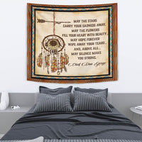 Native American tapestry featuring dreamcatcher center and feather fringe, inspirational message