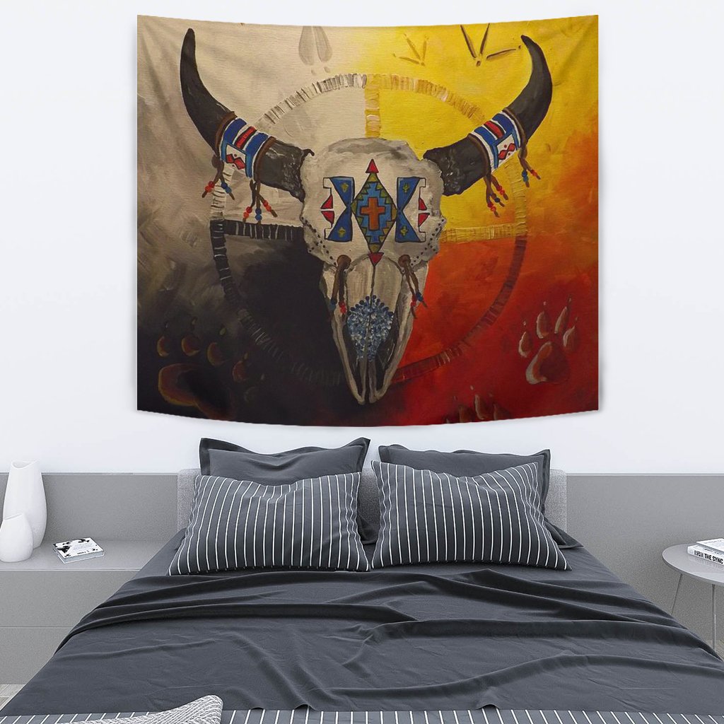 Hanging medicine wheels tapestry flag with central buffalo skull, multicolor