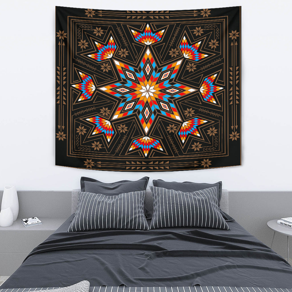 Black geometric tapestry with colorful starburst center and symmetrical diamond accents